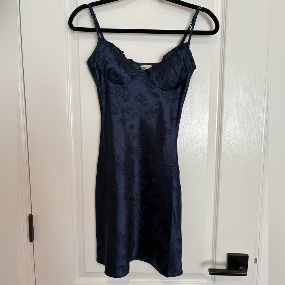 La Hearts Blue Satin Slip Dress with Spaghetti Straps